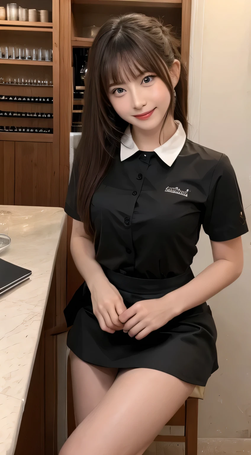 Highest quality、masterpiece、8k、Very detailed、Realistic、(One person:1.2)、Looking at me with a smile、whole body、Black Hair、Short Hair、Small face、Slender、(Very large breasts:1.2)、Thin and beautiful legs、narrow and constricted waist,、(Family Restaurant Uniforms:1.2)、A tight-fitting white shirt with buttons and a collar、A short, black, high-waisted skirt、(Nobody background)
