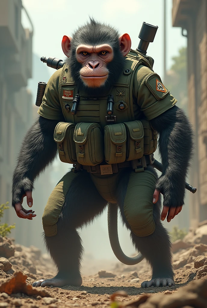 monkey, an image of man with military gear, cargo pants, (intricate), (detailed), digital art, dynamic pose, in a battlefield,beautiful, cute exhibition,