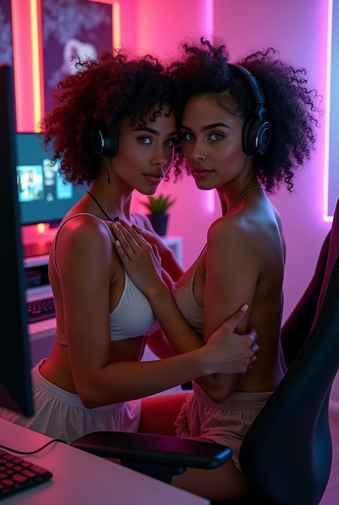 Black man and brunette girl in cyberpunk themed room