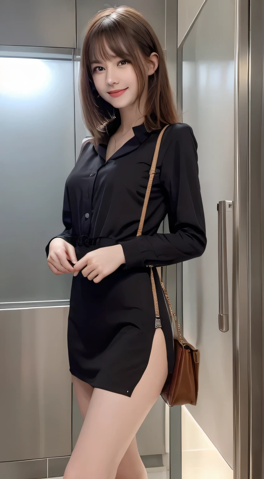 ((top quality, 8k, masterpiece: 1.3)), 1 girl, smile, ((full body: 1.3)), innocent pose, full body shooting, slim face, pretty woman, ponytail, (free hair color), tunic of free color: 1.1, tunic above the knee, simple pattern, stylish mule, mule with beautiful toes, ultra-detailed face, fine eyes, double eyelids, blurred background, slim face, urban, Outside, Street