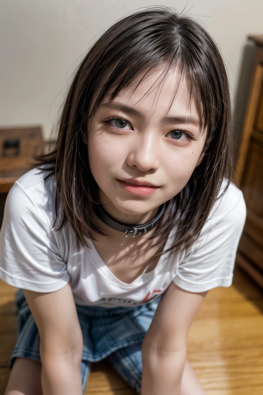 (nsfw:-2),(realistic, photo-realistic:1.4), (master piece, best quality), high resolution, extremely detailed, intricate details, sharp focus, solo, a Japanese female idol, (t-shirt,skirt), (face focus, all fours:1.2), (collar:1.25), big smile, detailed face, detailed eyes, sophisticated nose, pale skin, fine-textured skin, simple background,