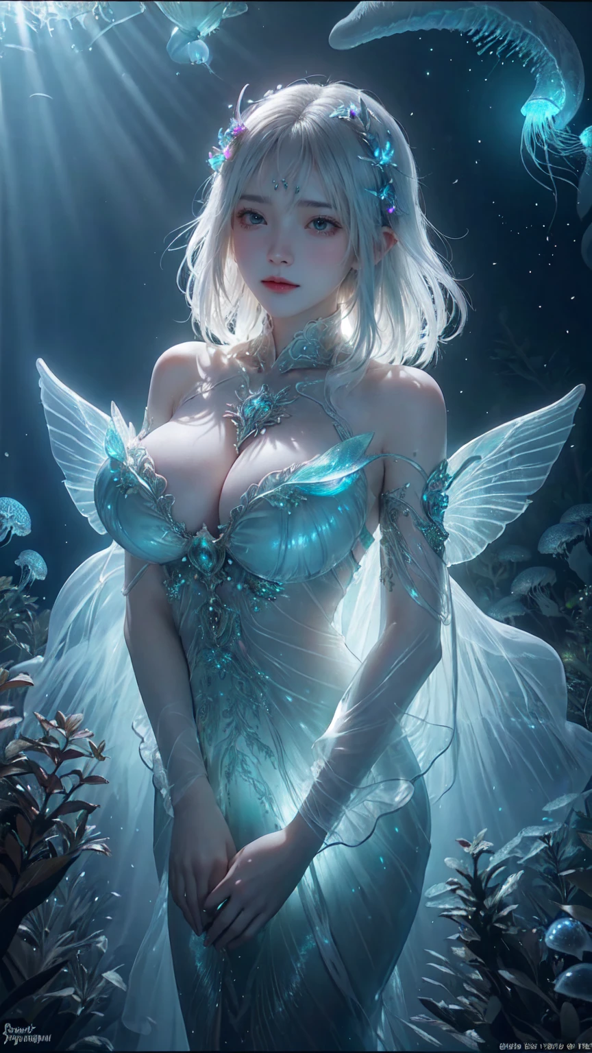 1girl, huge breast, hands on own breast, breast focus,Breast kneading,Ocean Forest, City, Fantastic Fantasy, Glowing Plants, Coral Viaduct, (Swarm of Glowing Jellyfish), (Shoal of Fish with Transparent Wings Flying in the Sky), Misty, Extreme Detail, Morning Light, Epic Composition, (Intricate Detail), (Intricate Design, Ultra Detail: 1.2),