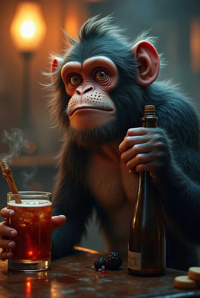 (modelshoot style), drunk, creepy cartunish Hipster chimp with glasses reflecting the environment, toxic, muddy, crowded bottles bar, intricate details, hdr, intricate details, hyperdetailed, cinematic, dark shot, muted colors, film grainy, soothing tones, muted colors, technicolor