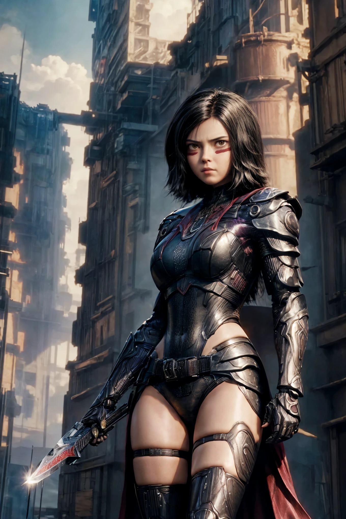 1 , solo, high resolution, gazing at viewer, shorth hair, Bblack hair, Eyes red, Alita, holding a giant sword on his shoulders, background explosion, shoulder armor, bikini armor, long thigh high boots, angry expression on her face, thighs showing,  neckleace, cyberpunk city devoid of background, thick, muscular thighs, beautiful athletic body, left hand on waist, athletic adult body