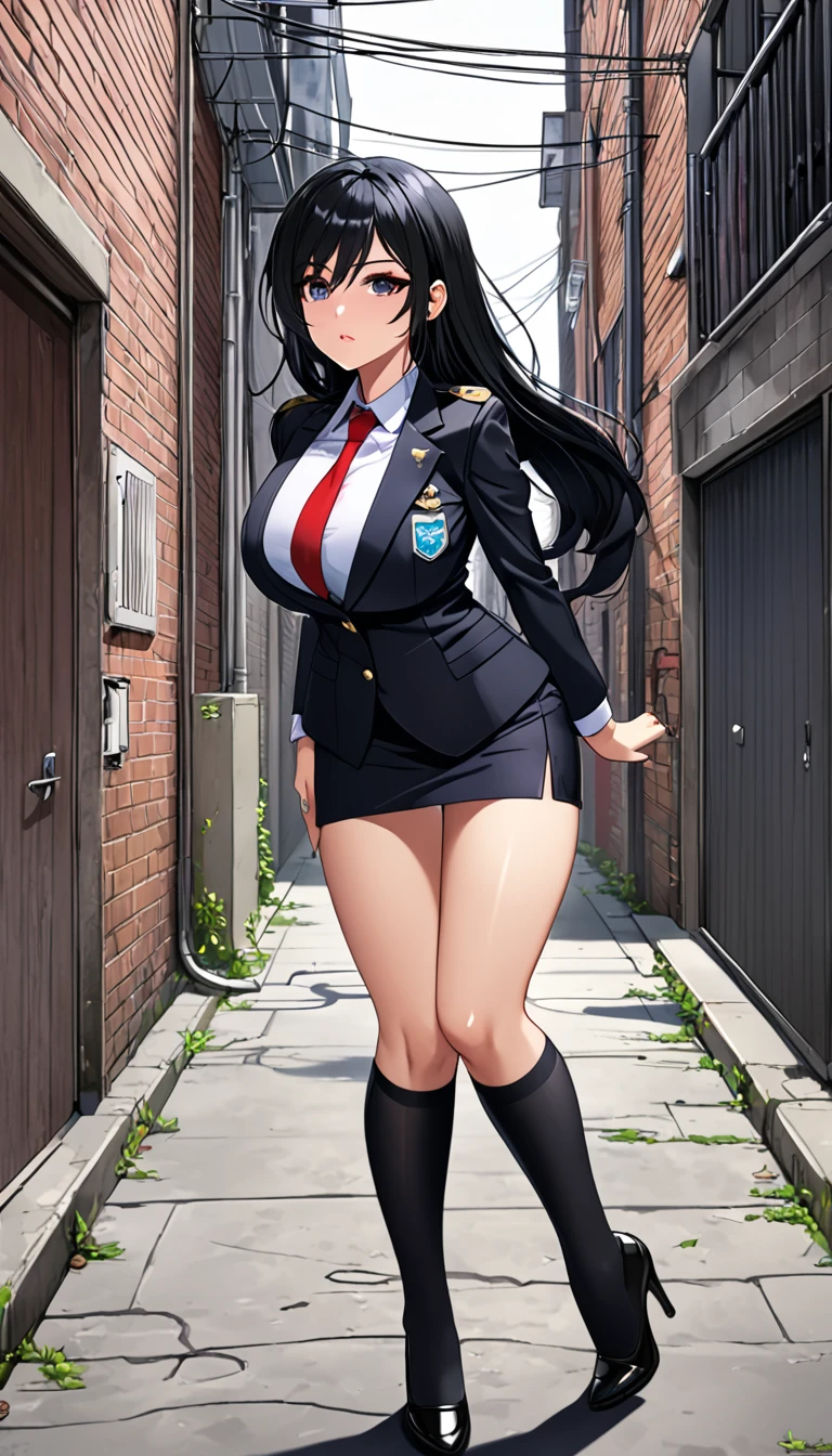 Highest quality、One woman, age 26、Policewoman、Black Hair、Long Hair、Hanging eyes、Dark Eyes、Black clothing、Big Breasts、suit、Micro Mini Skirt、Over the knee socks、stand、Back alley wall