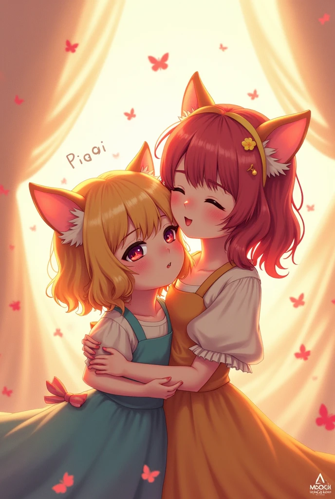 Girl with wolf ears and tail combing a 's hair, the girl is turned over
