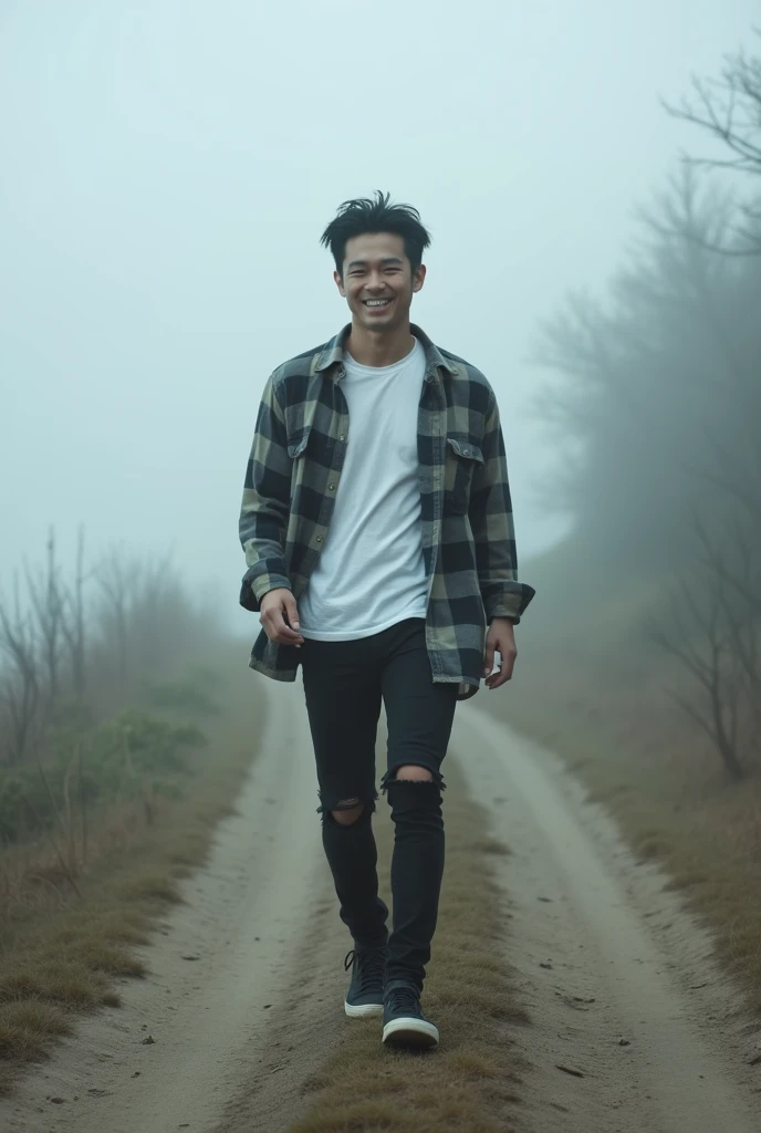 handsome Japanese man walking on a dirt road filled with thick fog, walking towards the camera, walking towards the camera, crazy fog berg, standing on the road, appearing from a distance, appearing from a distance, by Karl Buesgen, walking closer, by Alexis Grimou, by Christen Dalsgaard, standing proudly on the street, laughing, like a walking human, wearing a white t-shirt and flannel, ripped black skinny jeans, casual shoes. Two Block Haircut Style.Anatomically Correct, 