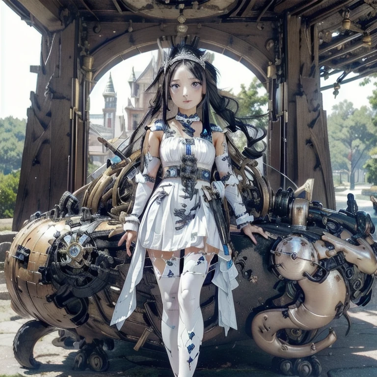 Long black hair braided, Intricate black and white outfit，Comes with metal armband, Holding small objects close to the face, looking at camera, smooth pale skin, anime art style, Outdoor tranquil pond，There are rocks and trees, bright natural lighting, Quiet and mysterious atmosphere, Front view, Balance exposure, Natural detailed background，Soft light and shadows.(The highest image quality, master piece:1.2), (Ultra Definition Illustration), (very cute little princess:1.3　yo), (1 girl:1.2), 独奏 ,(condescending look:1.3), (sleeveless, showing armpits), (gorgeous queen dress:1.3), Full body, Round ba(wearing Glasses), )Blonde Short-Cut Hair:1.2), (white thigh high pantyhose:1.2), (Evil smile), (mean face), (mesugaki Smile),  Luxurious palace rooms, Fancy Room, RPG Royale, Beautiful legs, lying,