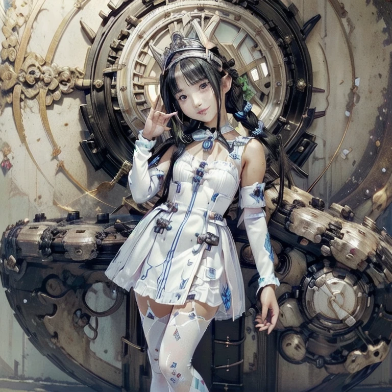 Long black hair braided, Intricate black and white outfit，Comes with metal armband, Holding small objects close to the face, looking at camera, smooth pale skin, anime art style, Outdoor tranquil pond，There are rocks and trees, bright natural lighting, Quiet and mysterious atmosphere, Front view, Balance exposure, Natural detailed background，Soft light and shadows.(The highest image quality, master piece:1.2), (Ultra Definition Illustration), (very cute little princess:1.3　15yo), (1 girl:1.2), 独奏 ,(condescending look:1.3), (sleeveless, showing armpits), (gorgeous queen dress:1.3), Full body, Round baby face, (wearing Glasses), )Blonde Short-Cut Hair:1.2), (white thigh high pantyhose:1.2), (Evil smile), (mean face), (mesugaki Smile),  Luxurious palace rooms, Fancy Room, RPG Royale, Beautiful legs, lying,