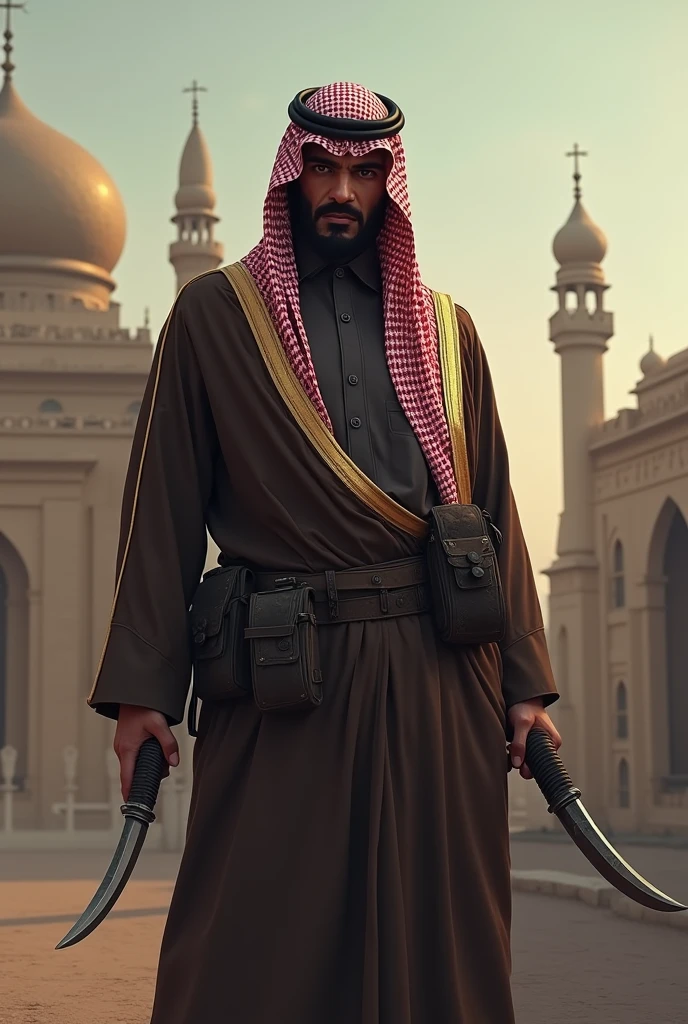Yemeni man wearing Palestinian keffiyeh, cyberpunk style holding samurai sword