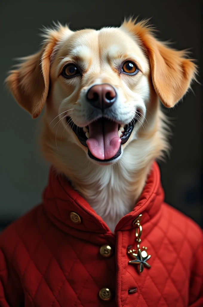 Adult yellow Labrador retriever wearing a crazy costume
