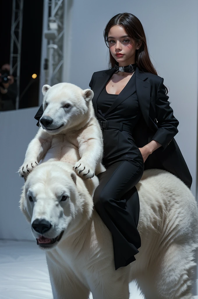 Fashion show featuring a cute baby dressed as a white polar bear and riding on a real white polar bear while modeling at the same time.. ultra-realistic image 