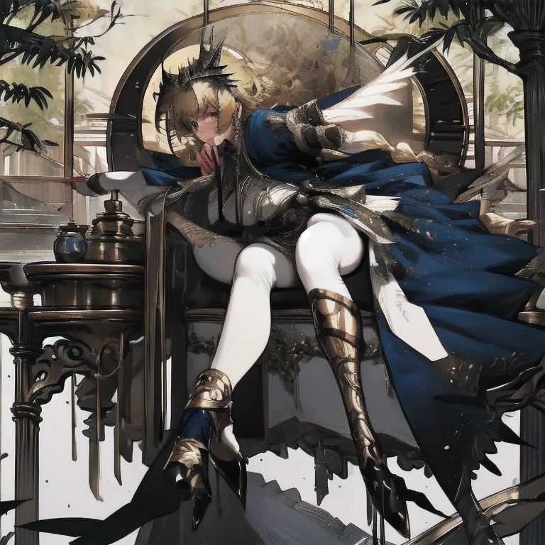 (The highest image quality, master piece:1.2), (Ultra Definition Illustration), (very beautiful littele princes:1.3), (12yo:1.3) (1 girl:1.2), Solo, nsfw, (shoot from very below:1.3 ) ,(condescending look:1.3), (sleeveless gorgeous queen blue dress with roses:1.3), sitting on the throne chair, queen crown, (armpit), spread legs, no panty:1.3), full body, Round baby face, (Glasses, Blonde Short-Cut Hair), (white transparent thigh pantyhose:1.3), (Evil smile, mean expression), Luxurious palace rooms, Fancy Room, rpgroyalty, no panties