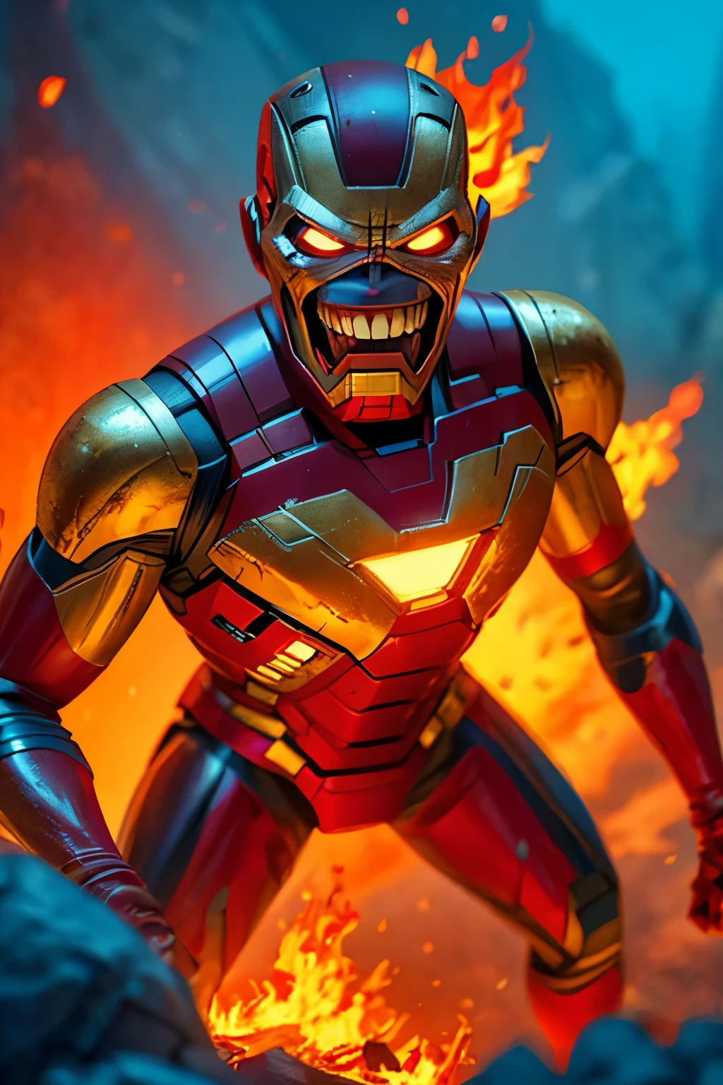 Eddie, the Iron Maiden mascot, Wearing a iron-man suit, standing in a powerful stance. His eyes glowing with intensity, reflecting his dark, rebellious spirit. His face is skeletal yet detailed with realistic textures, showcasing his iconic menacing grin. The background is a cosmic space. Realistic skin textures and clothing details, capturing the essence of Eddie in a modern, lifelike illustration. natural light, 35mm photograph, film, professional, 4k, highly detailed, Golden hour lighting. Depth of field F2. Rule of Thirds Composition. ((Cinematic lighting, thinder, flames background))
