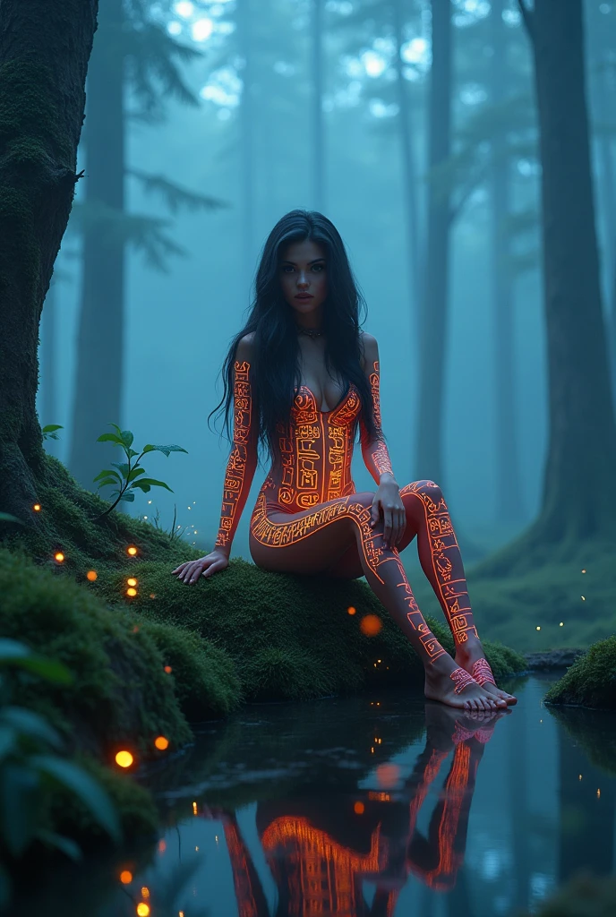 An ultra hot gorgeous European woman, age 23. She’s a playmate and men magazine supermodel. Sexy curvy hourglass body. Large breast ((95Dd)).Random hair color. She’s In a enchanted forest, (starry night), She sits naked with her legs spread.her body covered by bio luminescent tattoos.Bokeh, shallow depth of files, Fireflies fly through the air.