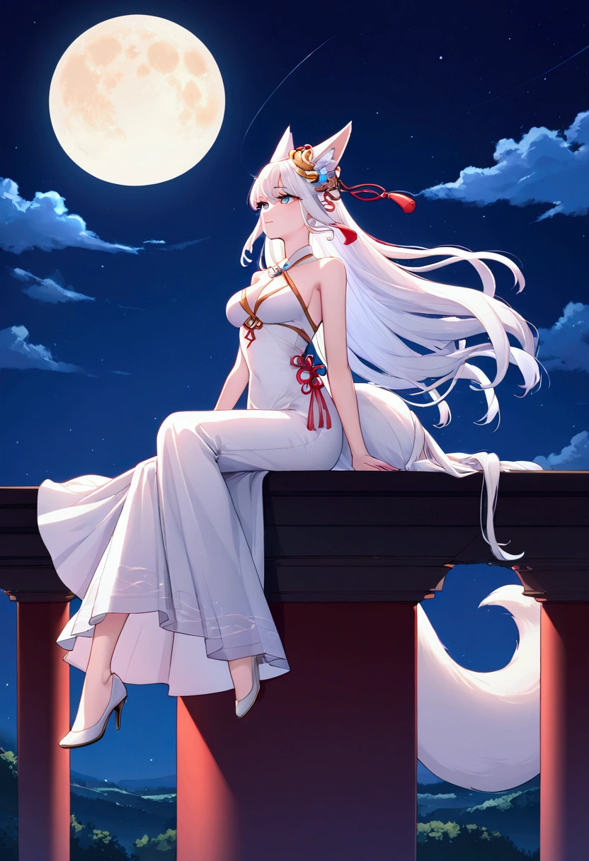 Night,moon,Colorful auspicious clouds,,beauty,noble,Elegant,The mythical beast nine-tailed fox,bright white hair,sitting on a cliff,Look up at the sky