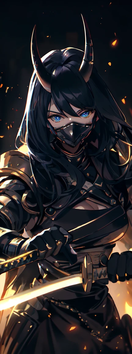 Super realistic, hyper realistic, super detailed, (cybersamurai, long hair, blue eyes, black hair, cleavage, upper body, horns, armor, blurry, clothing cutout, mask, blurry background, science fiction, mouth mask, cyborg, cyberpunk, katana on back, katana handle sticking out behind back:1.3) (glowing simple black background:1.25),  masterpiece, best quality, wide-angle Hyperdetailed, masterpiece, best quality, 8k, natural lighting, soft lighting, sunlight, HDR (High Dynamic Range), Maximum Clarity And Sharpness, Multi-Layered Textures