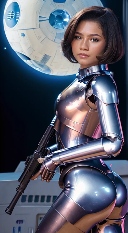 Foto hiperrealista en primer plano de and Lucy Liu, ass to the camera ((2 women)), fully nude, (anegasaki nene、Shiny brown hair, short hair, (Beautiful brown eyes、with high definition images，A beautiful woman holding a gun in front of a spaceship、The ruined empire in the background、Official character art、Facial details、Robot Girls inspired by Sgt. Johnson、Heavenly planets in the background、Star Wars promotional image、