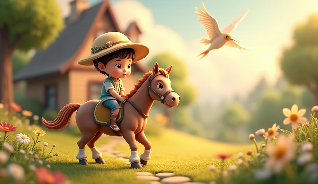1 cute cartoon child sitting on a horse, detailed hat, detailed ground, detailed house, detailed helicopter in the sky, (best quality,4k,8k,highres,masterpiece:1.2),ultra-detailed,(realistic,photorealistic,photo-realistic:1.37),children,cartoon,child,horse,hat,house,helicopter,sky,detailed,cute,colorful,vibrant,soft lighting,warm tones,whimsical,fantasy