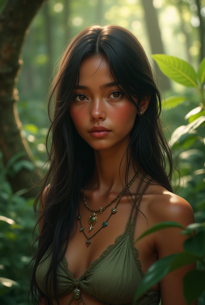 Linda morena, Enigmatic gorgeous face, guerra amazonas, ultrarrealista, cabelos ruivos, centralizada, solo, forest with rivers and vegetation Canon 8kcamera
