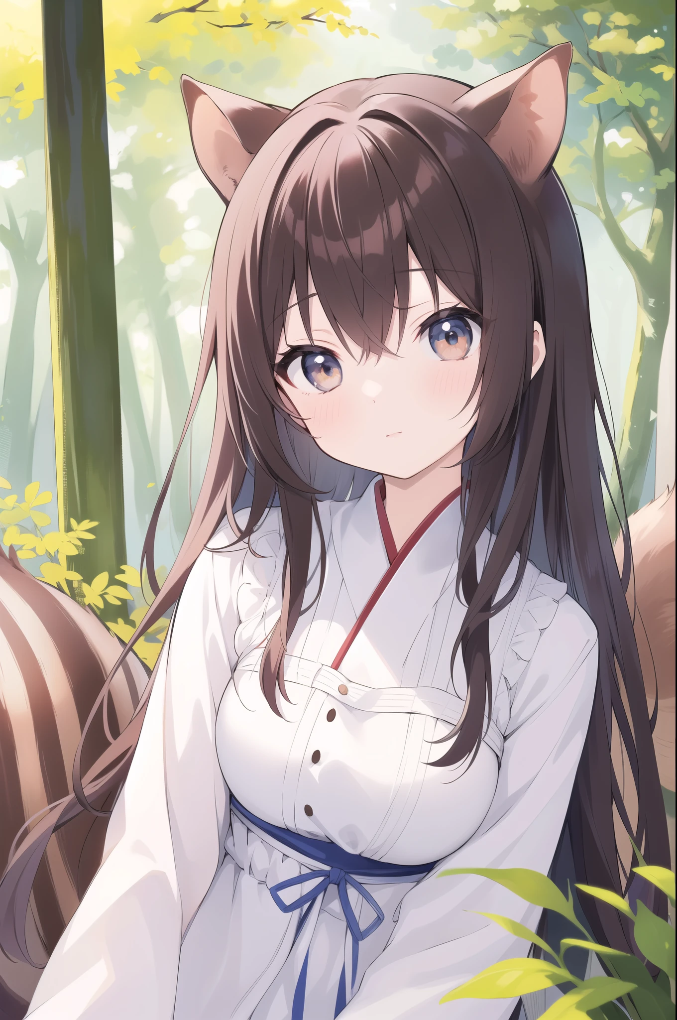 masterpiece, Highest quality, anime, highly だetaileだ face, highly だetaileだ eyes, Highly detailed background, Perfect lighting, full boだy,  One girl, alone, Ayun da risu, Girl of the Forest, Squirrel&#39;s Tail, Squirrel ears, white だress, White knee socks, Fur trim, Low twin tails, reだ bow, beret,Browsing Caution、naked