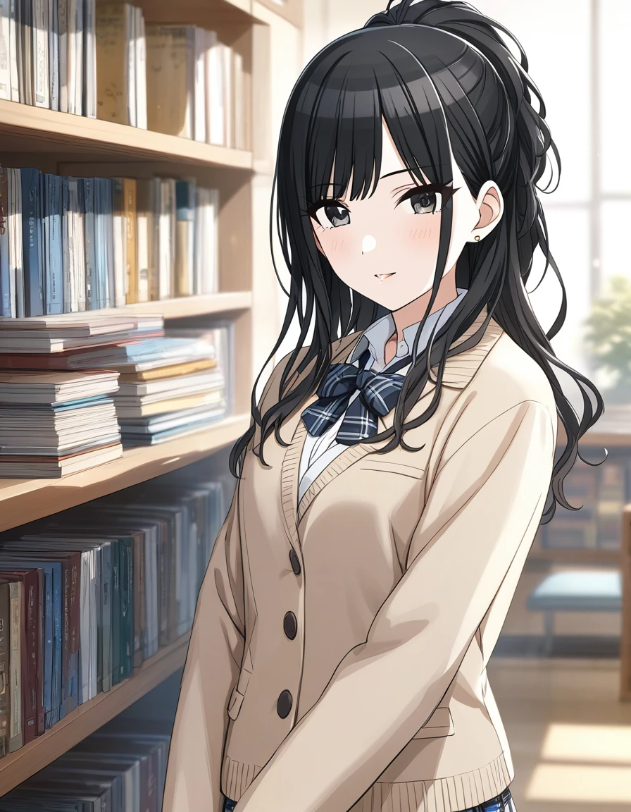 (masterpiece),(Highest quality),(Very detailed),(Best illustrations),(Best Shadow),(disorganized),(Detailed Background),(so beautiful), 
Official Style,
(hiori kazano:1.5), ponytail, black hair, black eyes,
(The Idolmaster Shiny Colors:1.2),

school uniform,
Glasses,
Glassesに触れる,
(There is a mole under the lip:1.2),
alone,
Library,
Background Blur, 
(realistic skin:0.2)
focus on face,
Close-up, 