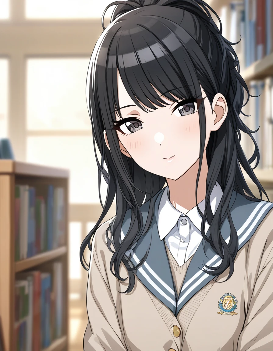 (masterpiece),(Highest quality),(Very detailed),(Best illustrations),(Best Shadow),(disorganized),(Detailed Background),(so beautiful), 
Official Style,
(hiori kazano:1.5), ponytail, black hair, black eyes,
(The Idolmaster Shiny Colors:1.2),

school uniform,
Glasses,
Glassesに触れる,
(There is a mole under the lip:1.2),
alone,
Library,
Background Blur, 
(realistic skin:0.2)
focus on face,
Close-up, 