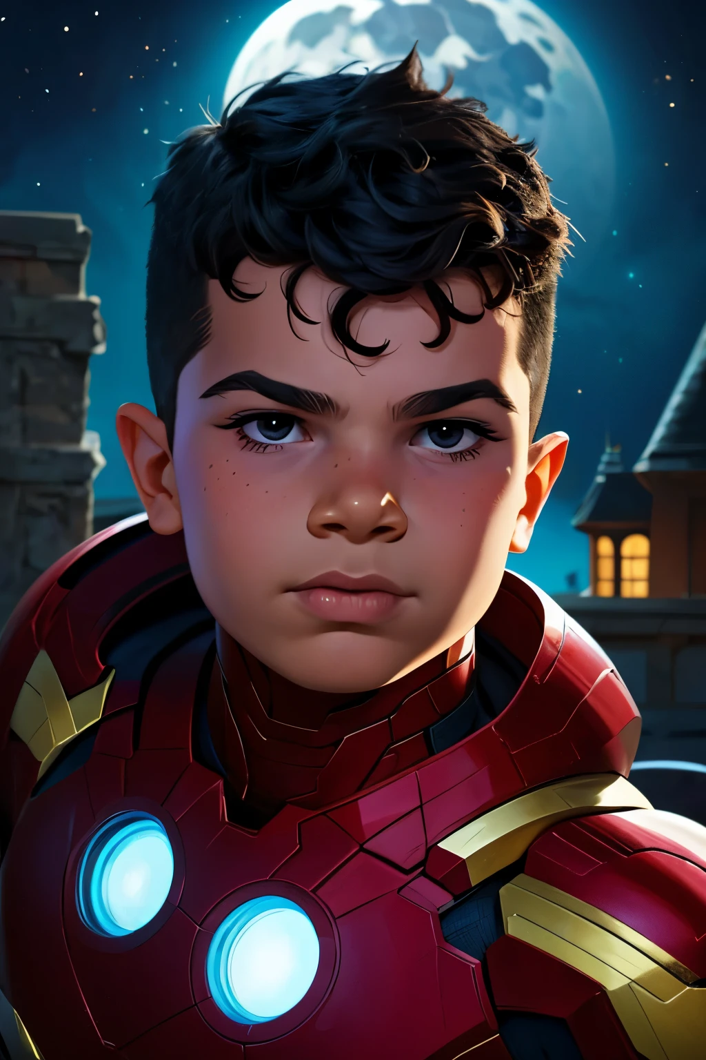 Close-up face, Thoe, ((a young boy, ***)), Marvel Comic Panel Drawing: A boy with black eyes, in Dynamic pose, short black hair , over The building under The moonlight, iron-man suit in cosmic space. 