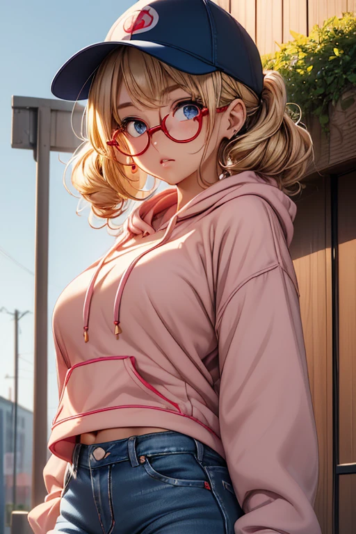 She has shoulder-length blonde hair and sparkling hazel eyes hidden behind thick glasses wearing [baggy clothes]