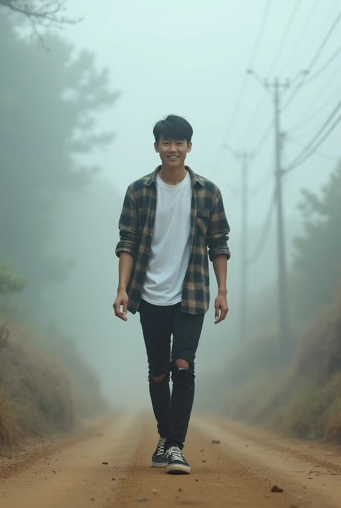 handsome Japanese man walking on a dry dirt road that is filled with thick fog, coming out of the very thick fog, walking towards the camera, walking towards the camera, crazy fog berg, standing on the road, appearing from a distance, appearing from a distance, by Karl Buesgen, walking approaching, by Alexis Grimou, by Christen Dalsgaard, standing proudly on the street, laughing, like a walking human, wearing a white t-shirt and flannel, ripped black tight jeans, casual shoes. Two Block Haircut Style.