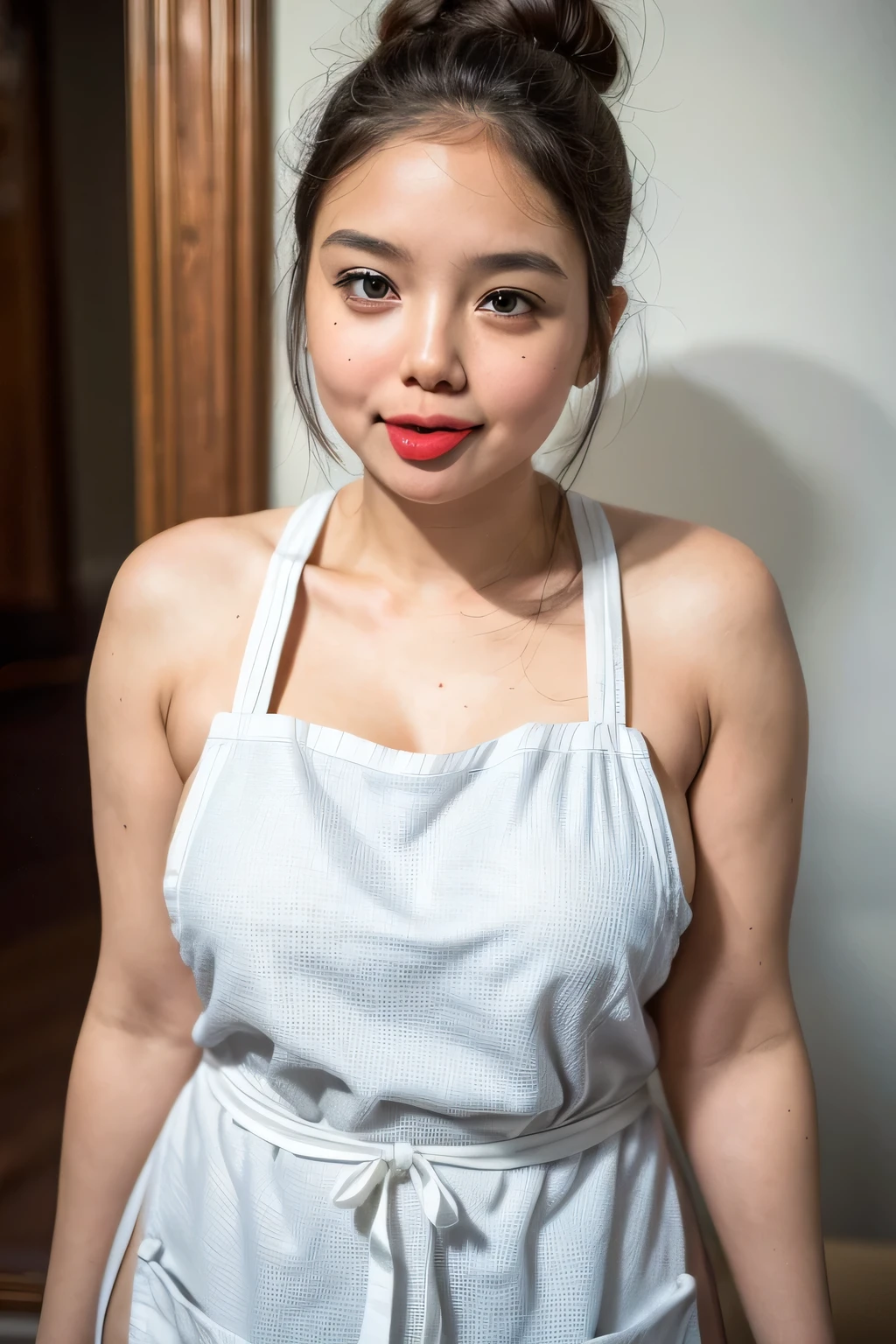 ((Plump body :1.211)), adorable, 1 girl, (face to face), , baby face, happy, medium portrait, (face details: 1), (eye details:1), ((naked big breasts)). wearing ((mini apron)), .. Cute posed. proportional body. Ultra High Res. realistic: 1.4, UHD, poke a bun Hairstyle , lace (((THICKLIPS:1.7))