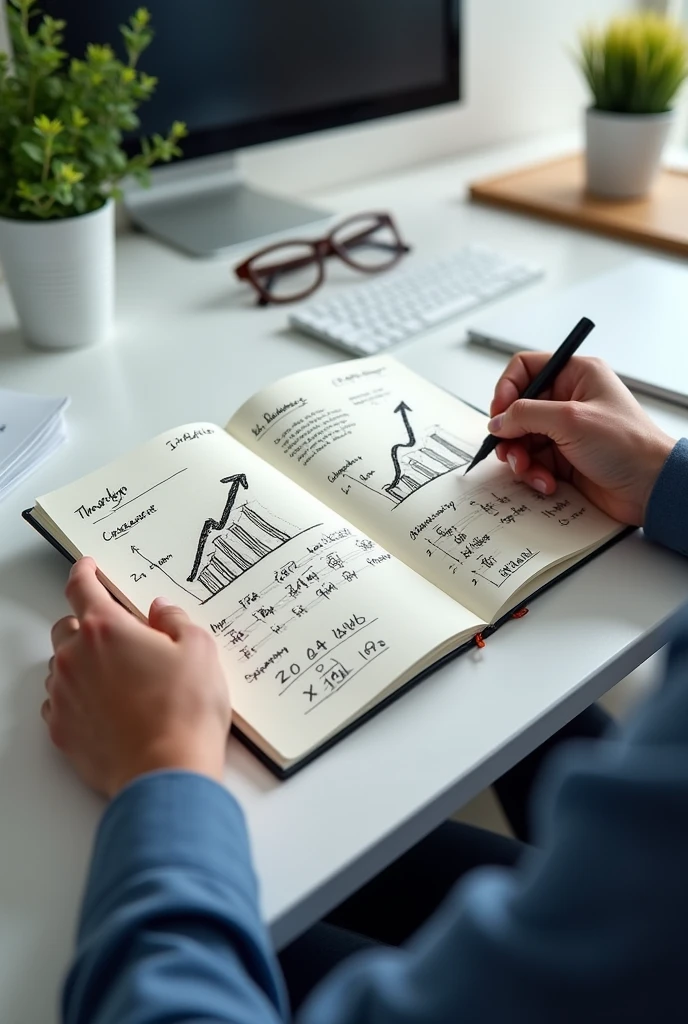 Generate an image focusing on hands writing in a notebook. The notebook should have hand-drawn charts and upward arrows representing growth strategies and sales planning.

