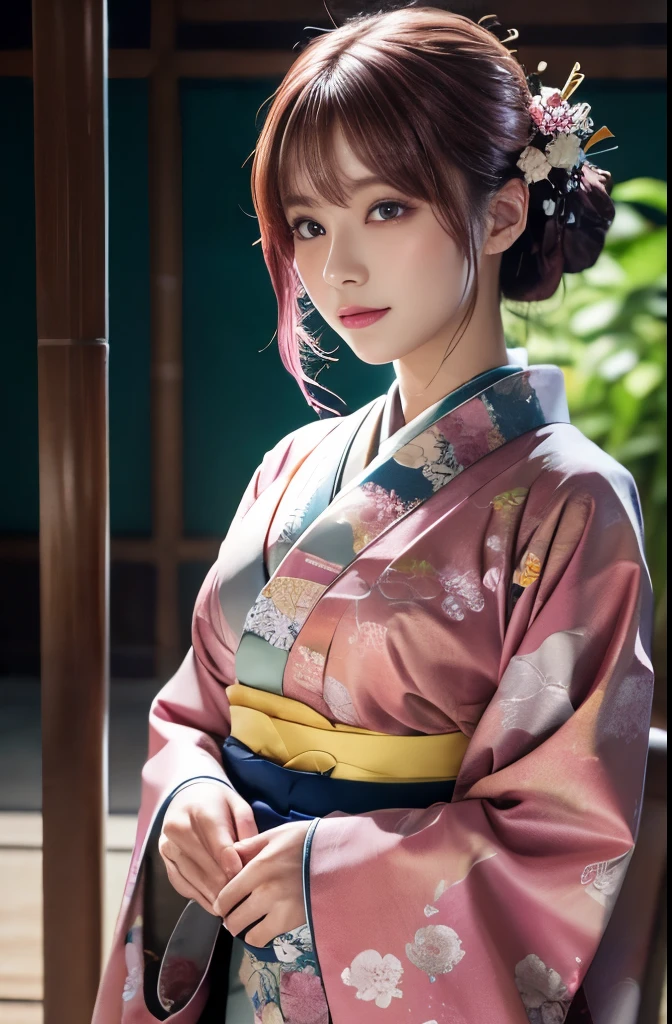 A close up of a woman in a kimono with a flower in her hair - SeaArt AI
