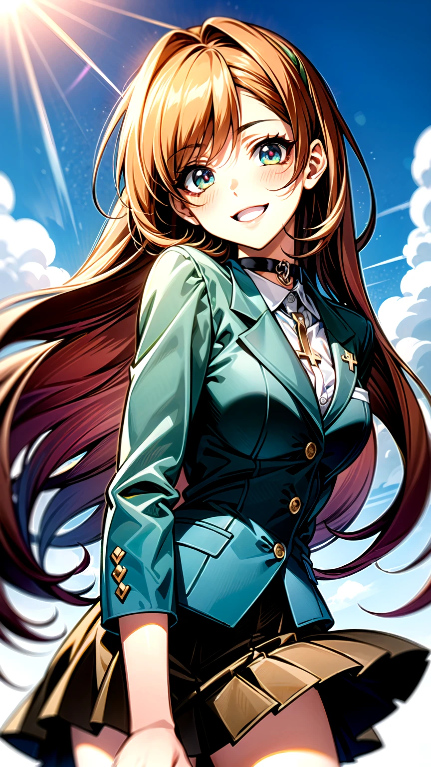 （（super high quality,））（（Ultra-high resolution,））（16K,）（super masterpiece,）（（Ultra HD ,））（Detailed shading,）Angle from below,One high school girl,Chiye Moexiang,（（Dark pink long hair,））One long stray hair from the top of the head,Green blazer,（A tight-collared white shirt,）（（The third button is undone,））,Brown mini skirt,The wind lifts her skirt and hair,Ecstatic smile,blush,A park where you can see the morning sun and blue sky,A choker with a cross around the neck,