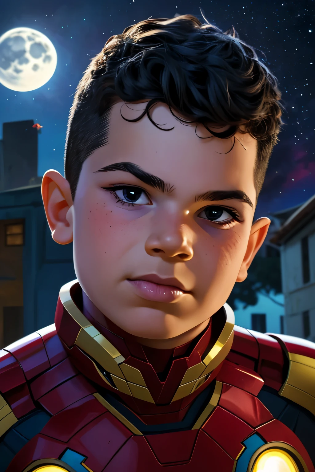 Close-up face, Thoe, (((a young boy, ***))), Marvel Comic Panel Drawing: A boy with black eyes, in Dynamic pose, short black hair , over The building under The moonlight, iron-man suit in cosmic space. 