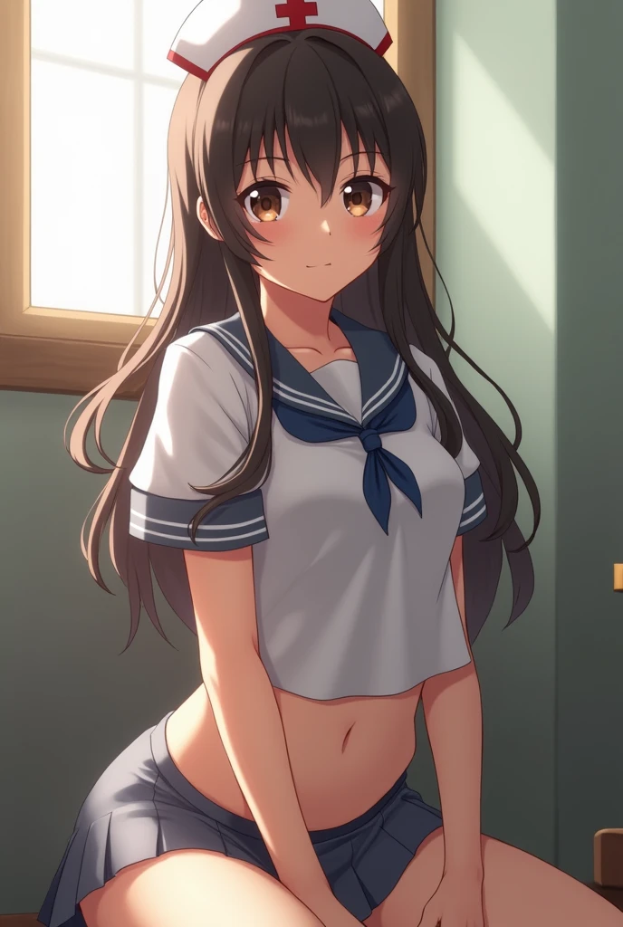 ((best quality)), ((masterpiece)), ((detailed)), (((perfect face))), (((slender 18yo teenage girl looking down))), (((topless))), (((medium breasts))), ((dark blue pleated skirt from waist to thighs))), ((dark brown hair)), ((short ponytail)), (((blue eyes))), ((shy:1.3)), ((blushing:1.5)), ((skinny thighs)), ((skinny hips)), (((bare arms))), (((bare shoulders))), (((bare stomach))), (((open mouth))), (((surprised:1.3))), (((school))), (((wearing blue sneakers))), (((standing)))