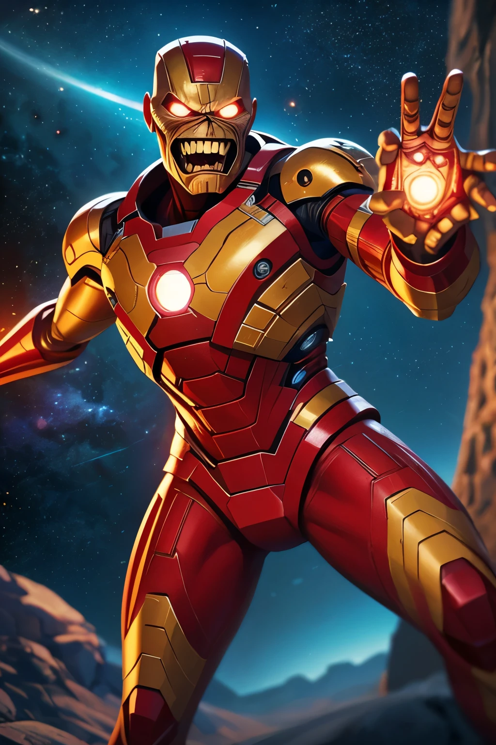 Eddie, the Iron Maiden mascot, Wearing a iron-man suit, no mask, standing in a powerful stance. His eyes glowing with intensity, reflecting his dark, rebellious spirit. His face is skeletal yet detailed with realistic textures, showcasing his iconic menacing grin. The background is a cosmic space. Realistic skin textures and clothing details, capturing the essence of Eddie in a modern, lifelike illustration. natural light, 35mm photograph, film, professional, 4k, highly detailed, Golden hour lighting. Depth of field F2. Rule of Thirds Composition. ((Cinematic lighting, cosmic space background))
