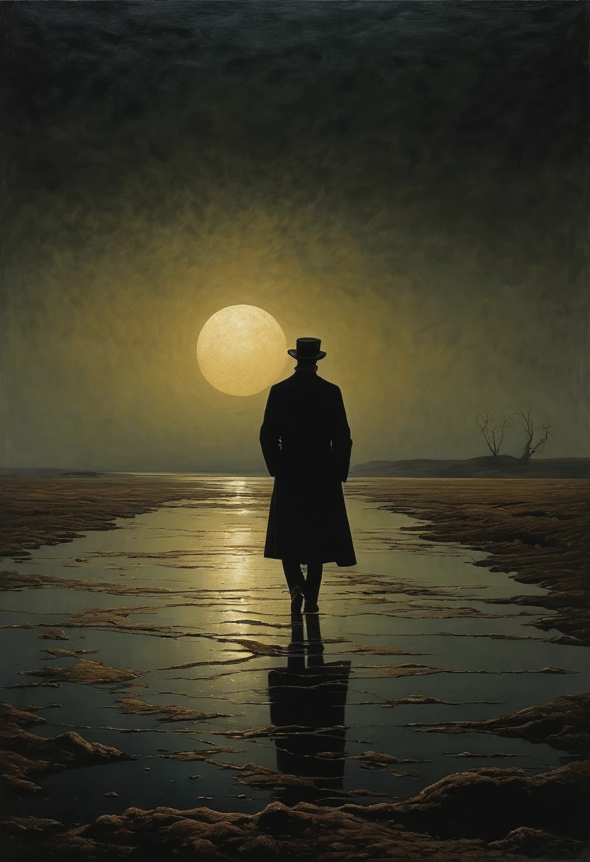 A man stands on the shore of a dry lake and cries. Now, instead of water, the entire surface was filled with dunes of sand. A sad sight. He cries that all his life he dreamed of the sea, but the dream remained only a dream. styles of John Atkinson Grimshaw, Caspar David Friedrich, Aubrey Beardsley - with a disturbing and grotesque world. A muted color palette and dry brush technique create a sense of calm.  creepypasta (dark monochrome background) masterpiece, fabulous background) (Minimalism: 1). perfect body anatomy.
