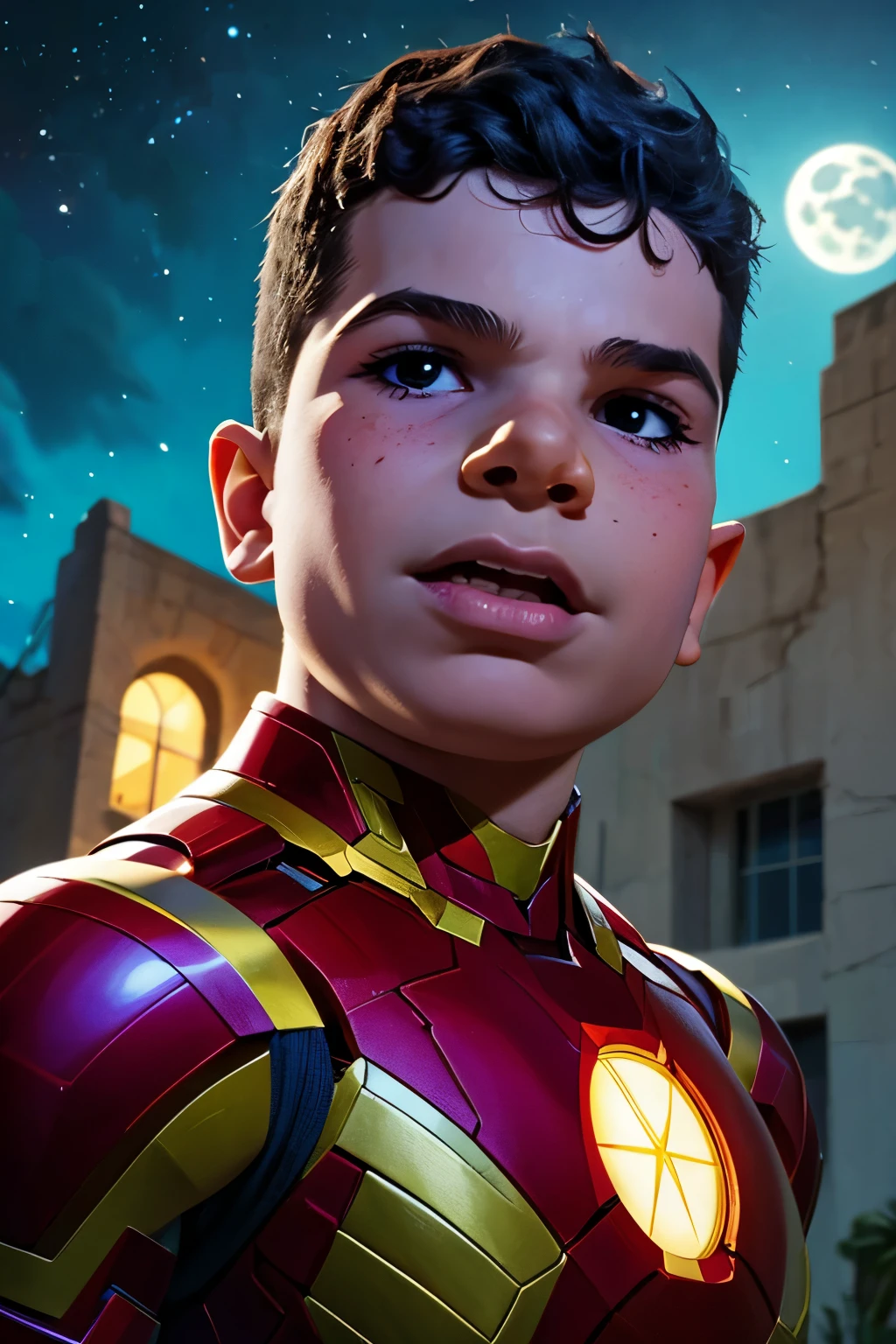 Close-up face, Thoe, (((a young boy, ***))), Marvel Comic Panel Drawing: A boy with black eyes, in Dynamic pose, short black hair , over The building under The moonlight, iron-man suit in cosmic space. 