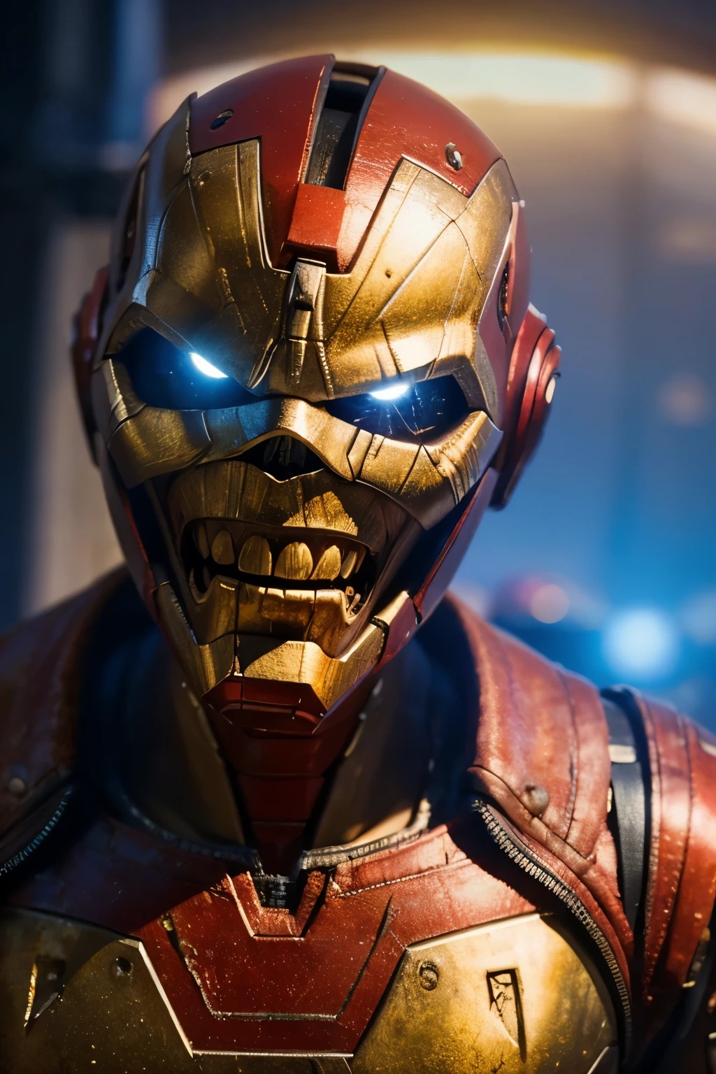 Eddie, the Iron Maiden mascot, Wearing a iron-man suit, no mask, standing in a powerful stance. His eyes glowing with intensity, reflecting his dark, rebellious spirit. His face is skeletal yet detailed with realistic textures, showcasing his iconic menacing grin. The background is a cosmic space. Realistic skin textures and clothing details, capturing the essence of Eddie in a modern, lifelike illustration. natural light, 35mm photograph, film, professional, 4k, highly detailed, Golden hour lighting. Depth of field F2. Rule of Thirds Composition. ((Cinematic lighting, cosmic space background))
