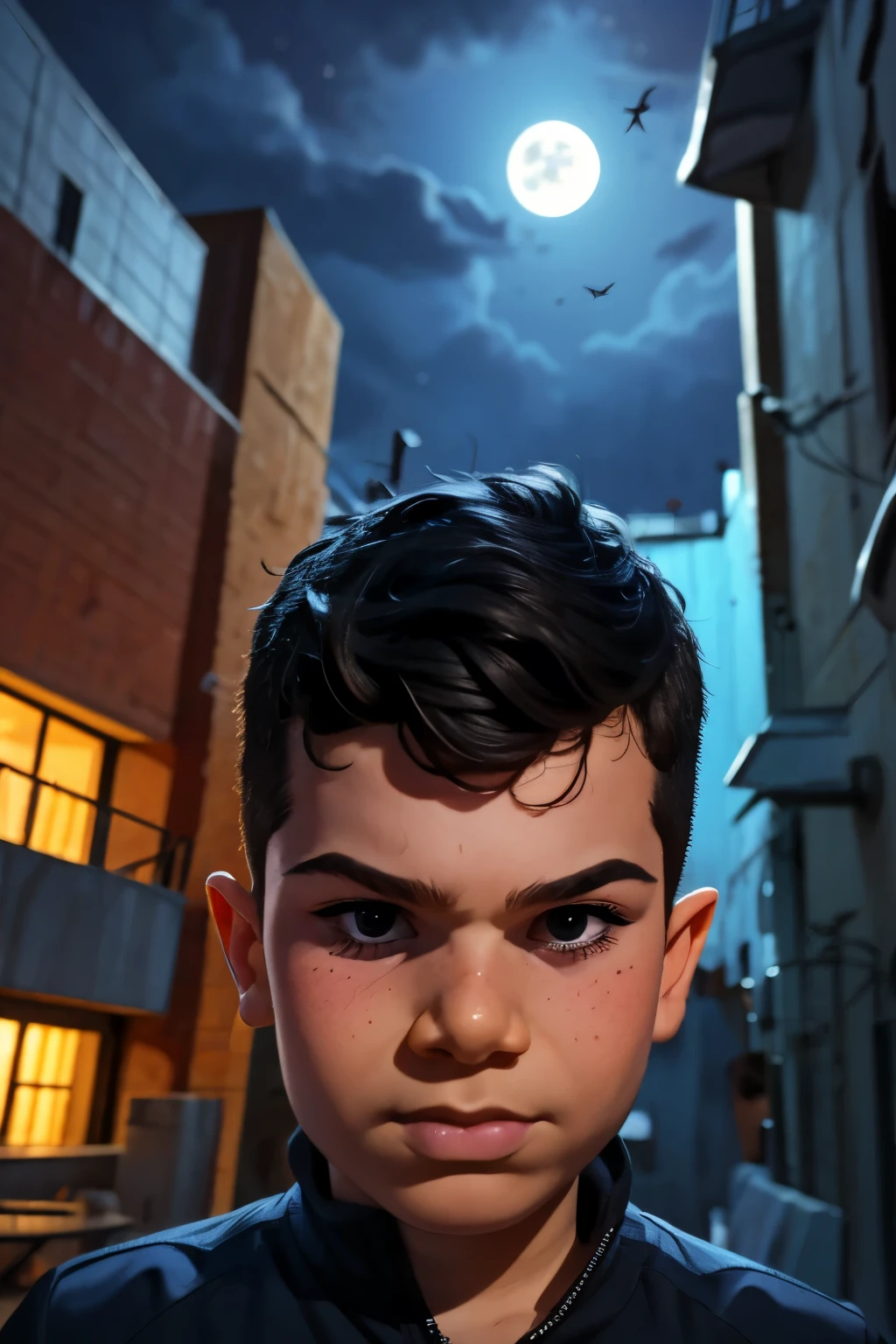 Close-up face, Thoe, (((a young boy, ***))), Marvel Comic Panel Drawing: A boy with black eyes, in Dynamic pose, short black hair , over The building under The moonlight, Call of duty suit in dystopic city background . 