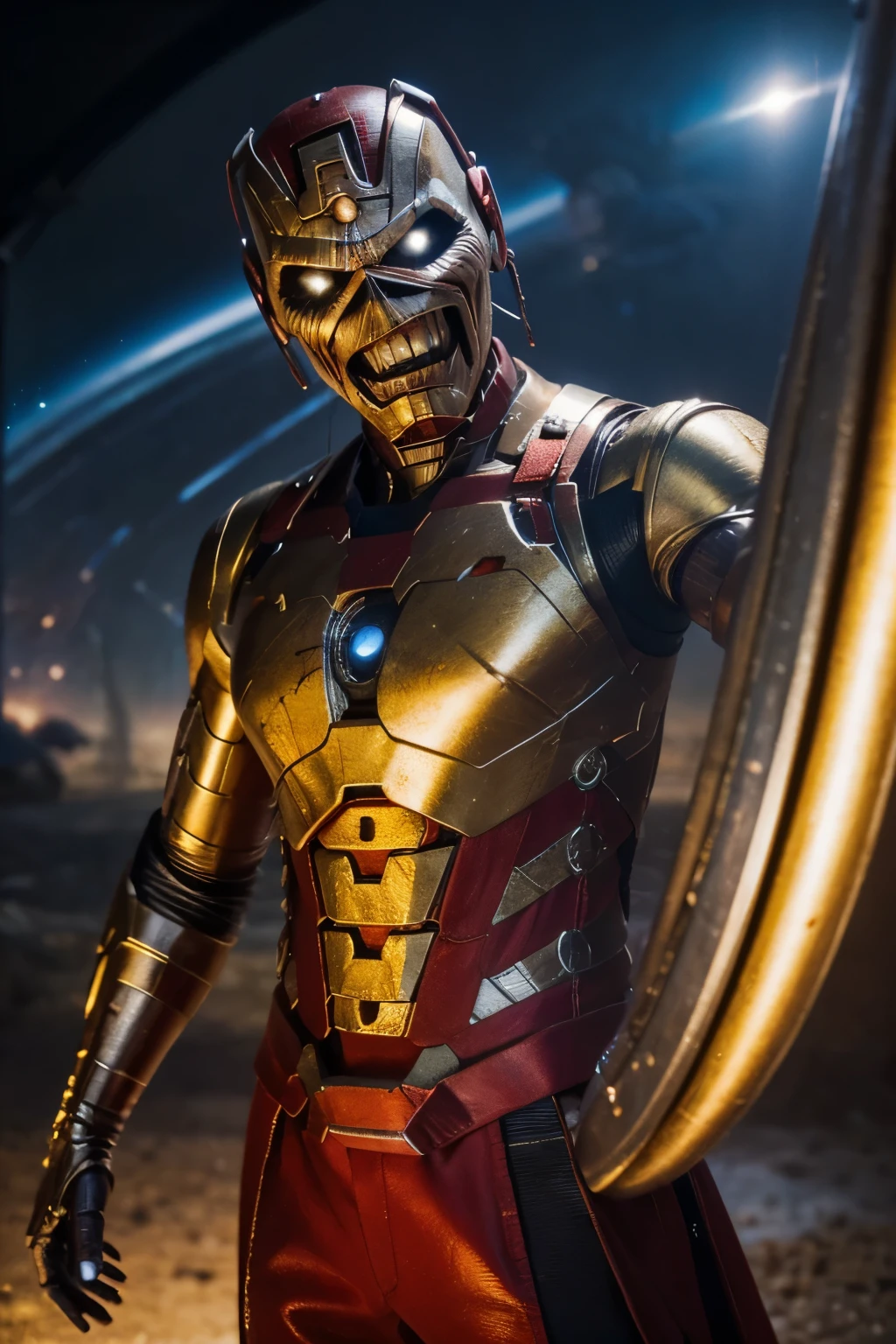 Eddie, the Iron Maiden mascot, Wearing a iron-man suit, no mask, standing in a powerful stance. His eyes glowing with intensity, reflecting his dark, rebellious spirit. His face is skeletal yet detailed with realistic textures, showcasing his iconic menacing grin. The background is a cosmic space. Realistic skin textures and clothing details, capturing the essence of Eddie in a modern, lifelike illustration. natural light, 35mm photograph, film, professional, 4k, highly detailed, Golden hour lighting. Depth of field F2. Rule of Thirds Composition. ((Cinematic lighting, cosmic space background))
