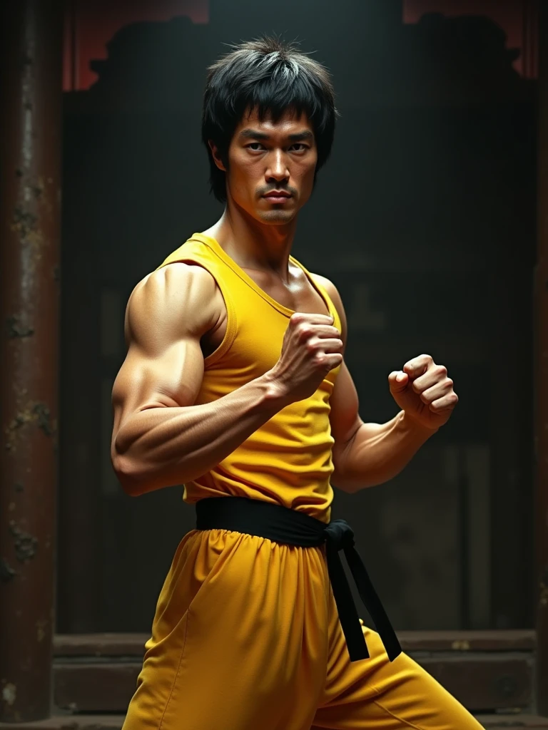 The Way of the Dragon (1972), starring Bruce Lee, man sitting in yoga position on the floor, in the background Chinese temple used for kung fu training, inspired by Liao Chi-chun, stoic pose, meditation pose, meditating, portrait of Bruce Lee •, sitting cross-legged, cinematic body shot, cinematic frontal photo, muscles, black pants, shirtless, 60s kung fu film It was meditation, sitting on the floor, Sukhasana, work of art, Gorgeous, hyper detailed, ultra intricate, 8K Ultra HD, best quality, highest resolution, Gorgeous, Realism,ultra high resolution