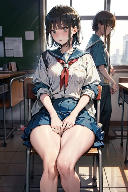 ((best quality)), ((masterpiece)), (detailed), 1girl, sexly, ChinatsuKano, (complete anatomy), Perfect Fingers,  
Realistic pubic hair,　High amount of pubic hair,　Thick pubic hair,　embarrassed,　(breast squeeze), 
(looking away:1.4), High school classroom,Schoolyard seen from the window,machine,Chair,
