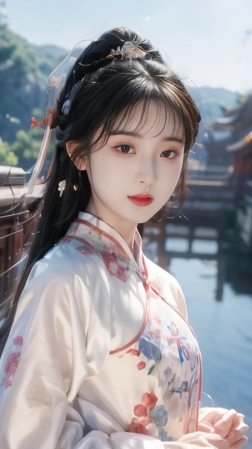 best quality, masterpiece, high resolution,1 girl,pretty,Chinese clothes, 1 [[[[Close-up cleavage]]]], [[[[breast]]]], [[[[Cole]]]], [[[[Shoulder]]]], Perfect eyes, Perfect Iris，Perfect lips，Perfect Teeth，Perfect skin，Fair skin，Soft headlight，HDR，Movie Girl，White Chinese clothing，Round Face，Long sleeve，Smile，The background is Mount Immortal，Mountains，Fall，flowing water，Small bridge，4K ultra HD, 超high resolution, (Reality: 1.4), best quality，masterpiece，Super dilution，（Pastel colors：1.2）
