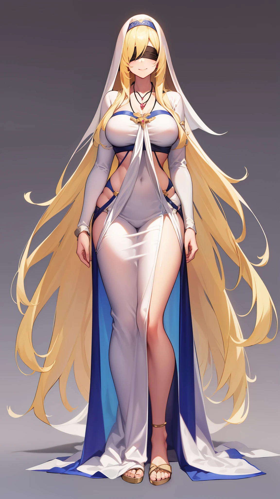 , smile, SwordMaidenNDV, 1girl, blonde hair, large breasts, long hair, white dress, black blindfold, necklace, habit,,full body,standing,narrow waist