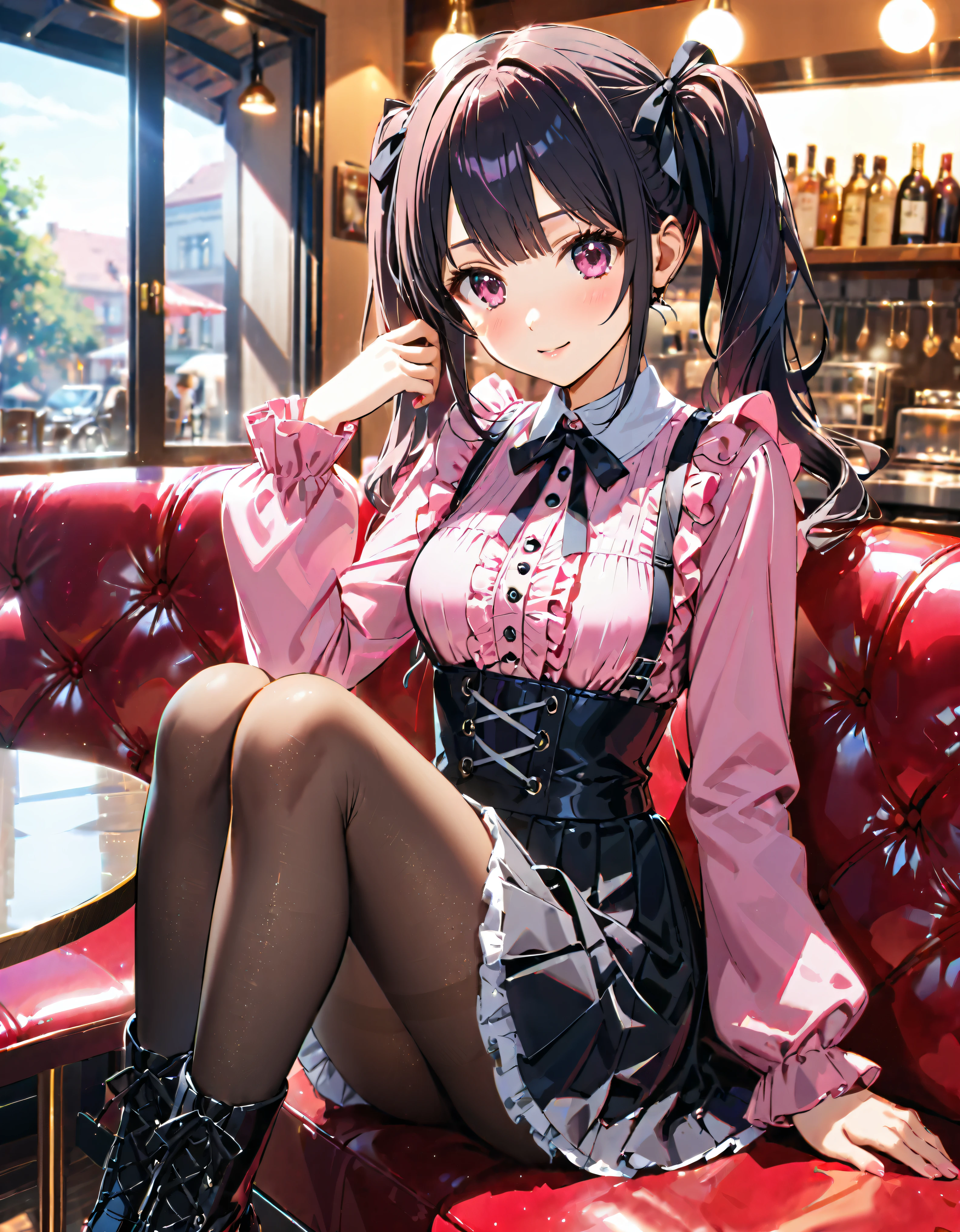 (((Pink blouse))), (A frilly shirt with black ribbons and lots of frills), (cute lace-up pleated skirt with ruffles:1.2), (Lace-up skirt, Skirt Black Skirt:1.2), Jiraiya&#39;s costume, please sit down, Place your chin on your hand, Tilt your head, Anime Girls, Teenage Girl, cute, very cute, (Hair Black hair, Fluffy middle twin tails:1.2), pantyhose, Hyper Detail Face, Inside the cafe, Shallow depth of field, Blurred Background, Hip, Shadows in the movie, (((masterpiece, Highest quality, Great quality, Exceptional Quality, Super detailed, Ultra-high resolution, Unity 16K, 32K, Ultra-photorealistic, reality, Ultra-realistic))), 