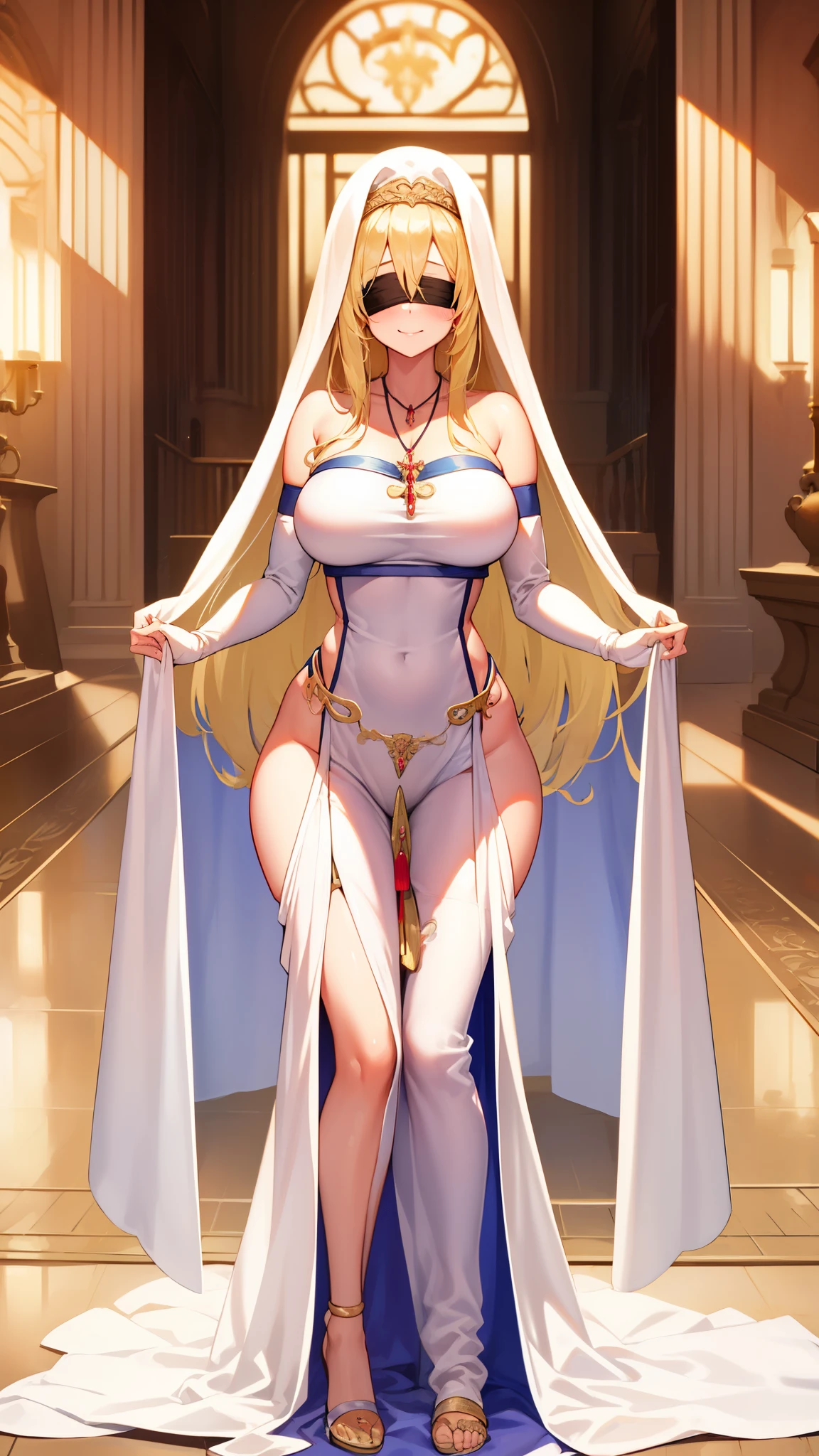 , smile, SwordMaidenNDV, 1girl, blonde hair, large breasts, long hair, white dress, black blindfold, necklace, habit,,full body,standing,narrow waist,bare shoulders, blonde hair, white dress, blush, bridal gauntlets, smile, indoors, blindfold, long hair, jewelry, necklace, curtains, sideboob, closed mouth, standing, palace, castle, big room, column, ornaments, ((formal dress))