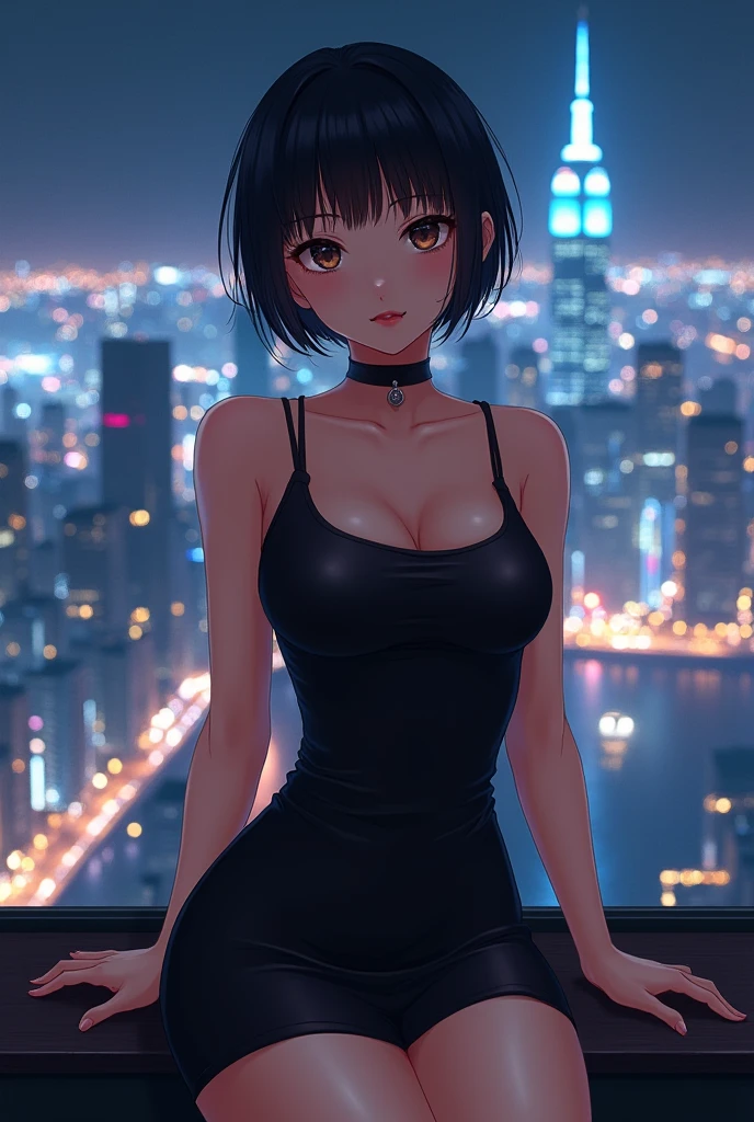 a 20 yo woman、(​masterpiece:1.4)、(top-quality:1.4)、(Real Face:1.2)、(real looking skin:1.1)、超A high resolution、high detailing、Black hair short bob、耳环、Black dress、(huge-breasted:1.4)、Looks Back、Rear view、a smile、On the rooftop、natta、huge moon