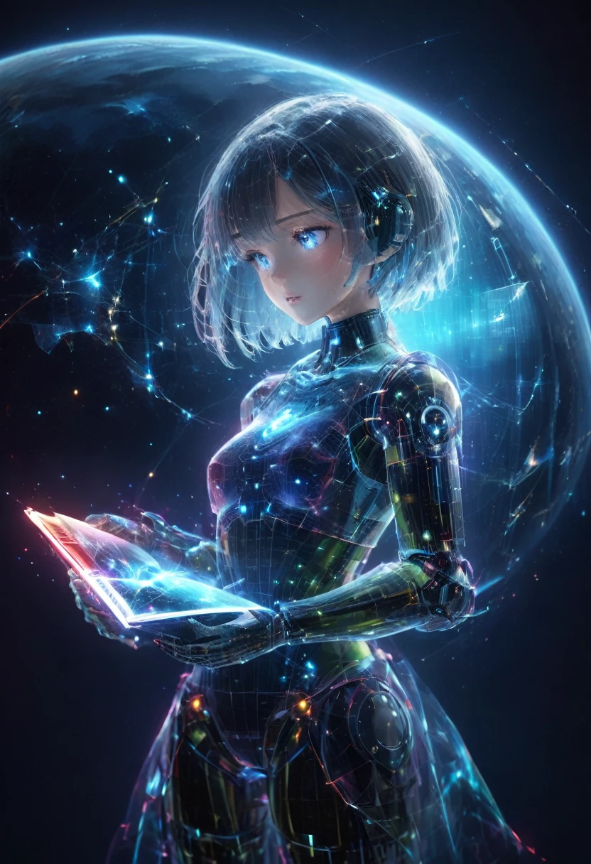 Ultra HD8kオクタン. An android girl is reading a book in cyberspace、The girl、From the neck down, Everything is made by machines.、美しい白いhair, short hair、Breathtakingly beautiful blue eyes, Lips and Skin、From the neck downはリアルな黒色で彩られたアンドロイドボディ、Mecha is exposed everywhere、A girl reads a book that appears in space as a Holographic image.、The words you read are absorbed into the space、Realistic texture of the girl&#39;hair、(Super Real Skins:1.3)、Realistic texture of the machine body and glossy mechanism、A realistic representation of cyberspace、( Girl&#39;s back view&#39;Bust Focused on Book:1.2)、Ultra HD、(masterpiece、Highest quality、4K、8k:1.5)、Super detailed、Ultra-fine painting、Octane Rendering.Dramatic lighting、Professional Photo Resolution、Award-winning works、Night - wfhlgr.Holographic

